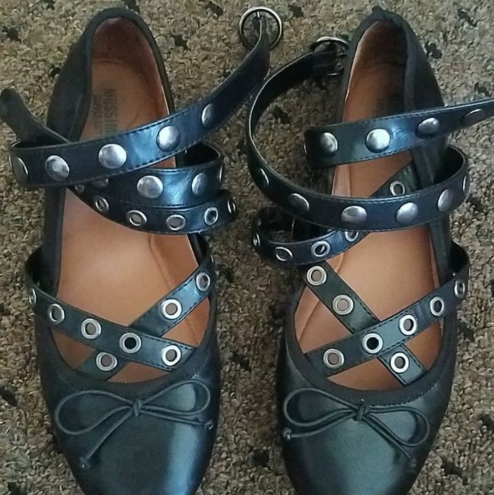 Women black buckle lace up ballet flats